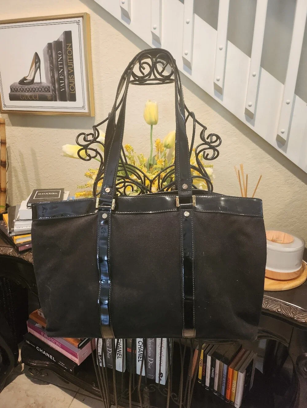 Tory Burch canvas and patent leather shoulder bag